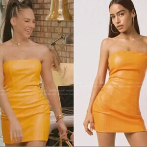 Tiger Mist Vegan Leather  Mini Strapless Tube Dress Orange Size Small